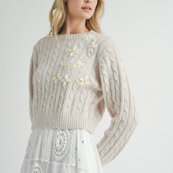 Cable Knit Crop Flower Embroider Sweater