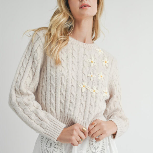 Cable Knit Crop Flower Embroider Sweater