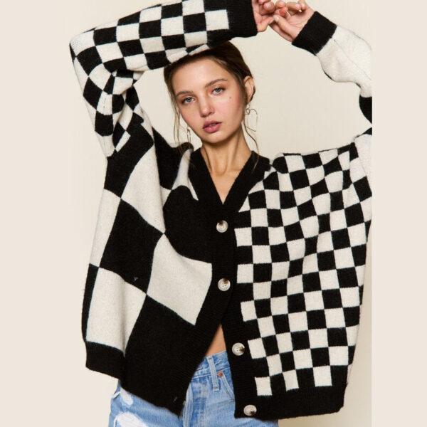 Checkered Knitted Cardigan Women