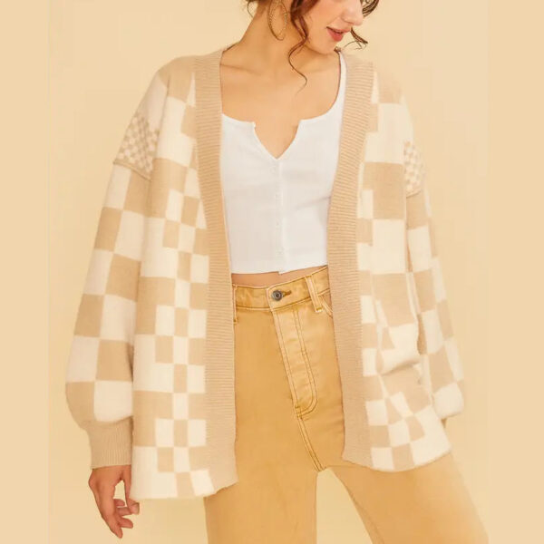 Checkered Knitted Cardigan Women