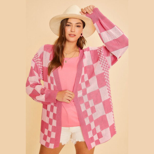 Checkered Knitted Cardigan Women