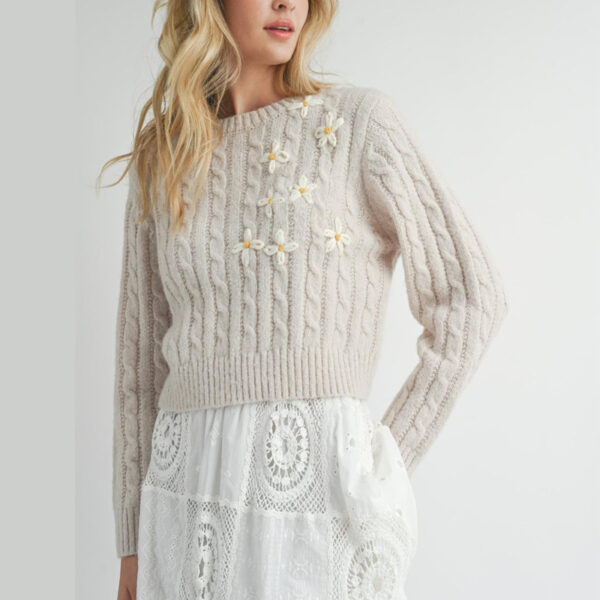 Cable Knit Crop Flower Embroider Sweater