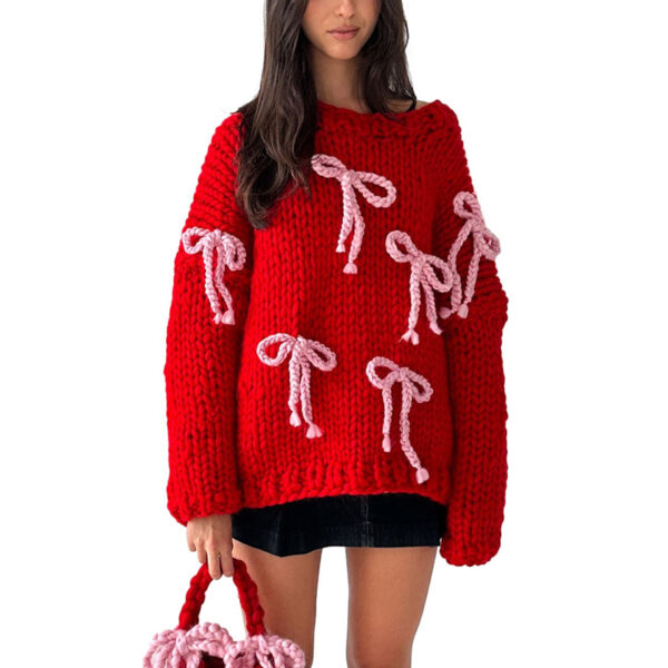 Red Chunky Knit Bow Sweater