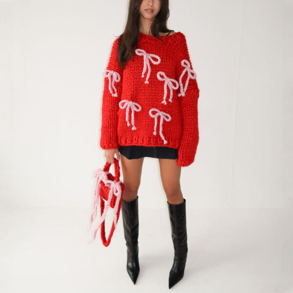 Red Chunky Knit Bow Sweater