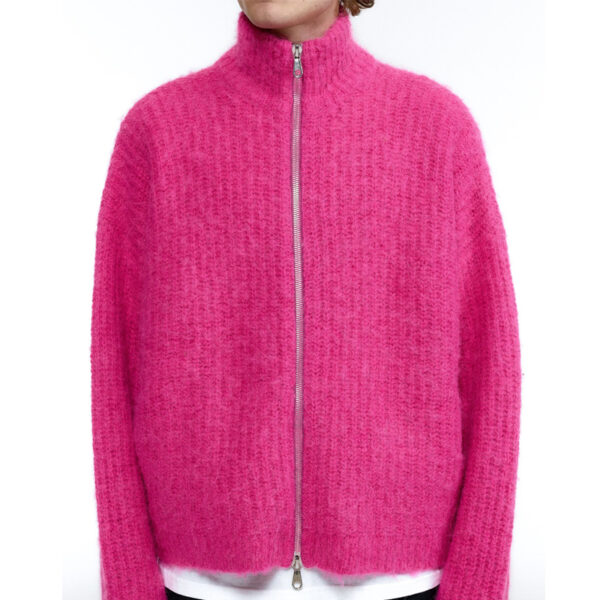 Pink Rib Knit Zip Up Cardigan