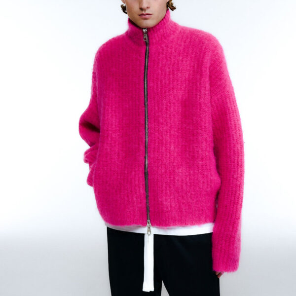 Pink Rib Knit Zip Up Cardigan